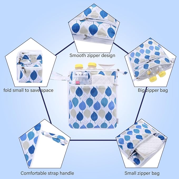 Breast Pump Bag Wet/Dry Bag with Preparation Place Mat, Waterproof Pump Parts Storage Bag for Moms Pumping at Work or Outdoors(Dancing leaves)