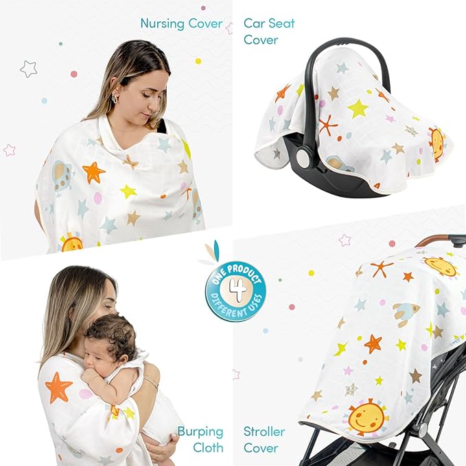 Multipurpose Muslin Cover 100% Cotton - Breathable Baby Essential, Breastfeeding, Nursing, Car Seat, Stroller Cover, Tummy Time Mat & Burp Cloth All in One (Space Pattern) (Pack of 1)