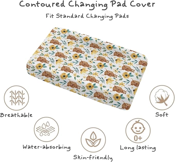 Changing Pad Cover for Baby Girls, 32"/34" x 16" Safe Snug Diaper Change Table Pad Covers, Soft Stretchy Changing Pad Sheets Highland Cow Sunflower Theme Nursery Decor