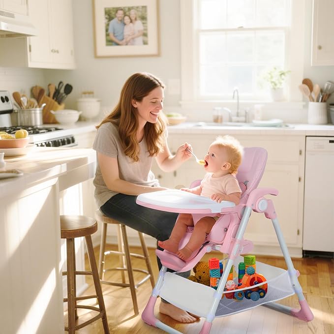TODEFULL 3 in 1 Foldable Baby High Chair, Infant High Chairs for Babies and Toddlers, 6 Height & 4 Recline Adjustable Toddler Feeding Chair, 2 Built-in Wheels, Large Storage Space, Pink