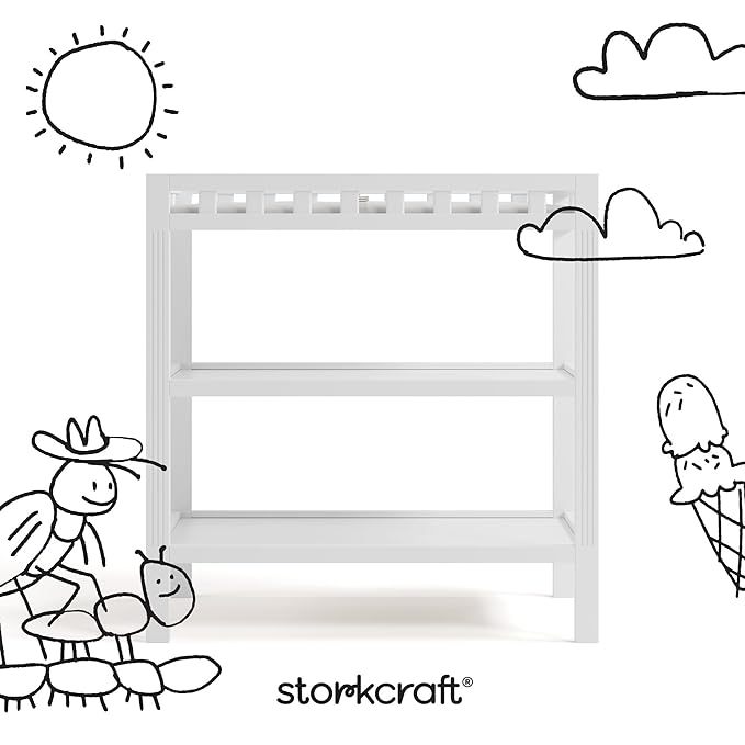 Storkcraft Morningside Changing Table (White) – GREENGUARD Gold Certified Baby Changing Table, Includes Waterproof Diaper Changing Pad, Easy 30-Minute Assembly, 2 Open Shelves for Storage