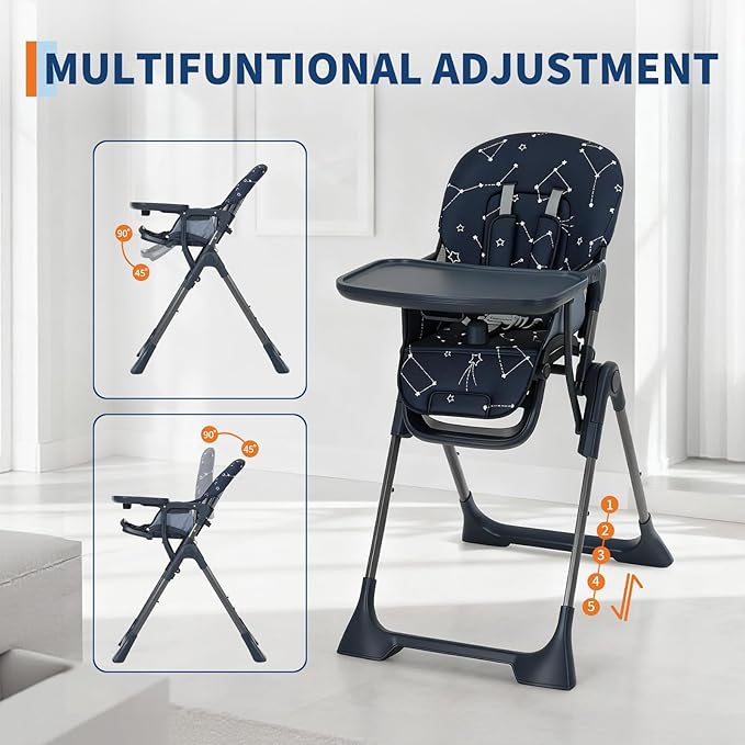 Baby High Chair, Foldable Feeding Chairs for Babies and Toddlers, Adjustable Height/Backrest/Footrest, Removable Tray, Fast Folding Blue