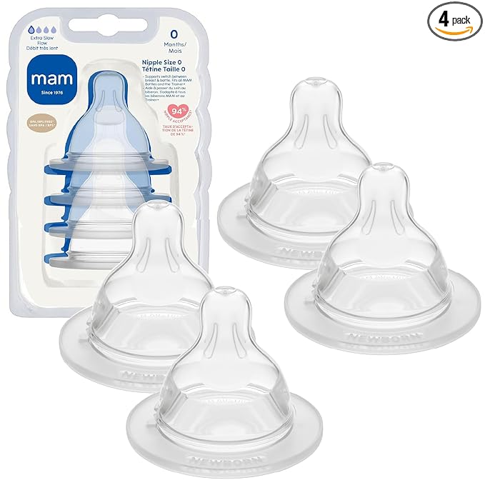 MAM Baby Bottle Nipples Extra Slow Flow Size 0, for 0+ Month Newborn Babies, Skin Soft BPA Free Silicone, 94% Nipple Acceptance, Fits All MAM Bottles, Developed with Medical Experts, Made in Europe