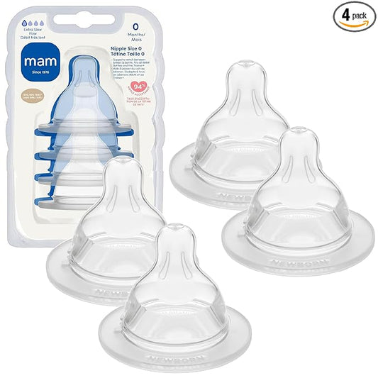 MAM Baby Bottle Nipples Extra Slow Flow Size 0, for 0+ Month Newborn Babies, Skin Soft BPA Free Silicone, 94% Nipple Acceptance, Fits All MAM Bottles, Developed with Medical Experts, Made in Europe
