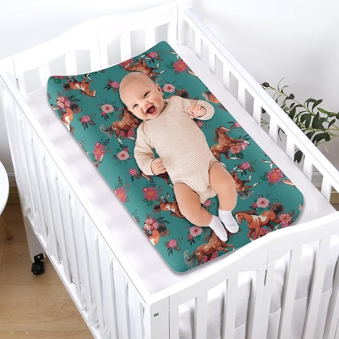 Floral Horse Changing Pad Covers Ultra Soft Stretch Diaper Change Table Pad Cover Infant Changing Mat Sheets Table Covers for Boys Girls