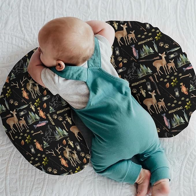 Fishing Hunting Life Baby Nursing Pillow Covers for Boy Deer Bass Fish Animal Nursing Slipcovers for Breastfeeding Pillows Nature Lover Gift Soft Stretchy Removable Cover for Newborn Infant