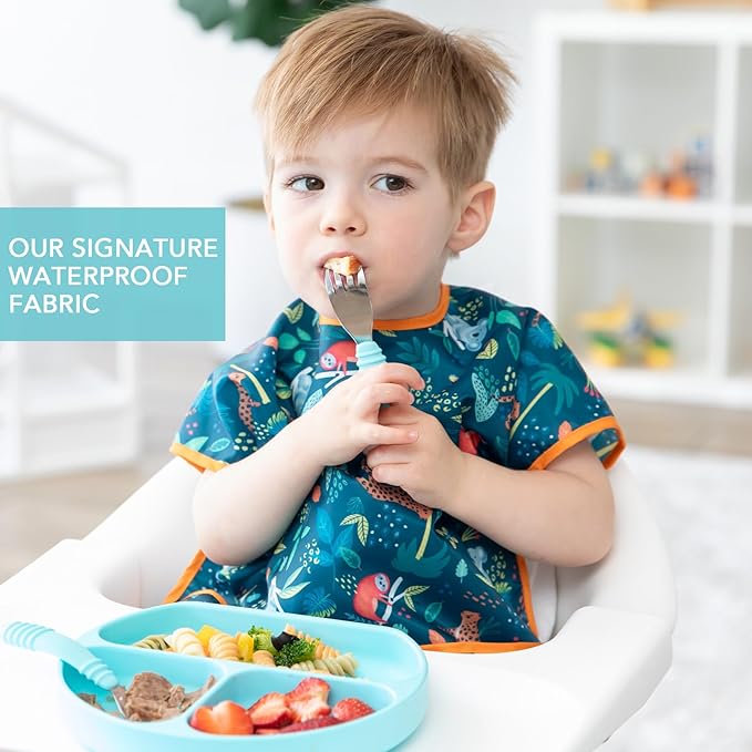 Bumkins Short Sleeve Bib for Girl or Boy, Toddler and Kids for 1-3 Years, Large Size, Essential Must Have for Junior Children, Eating, Mess Saving Soft Fabric Apron for Play, Jungle