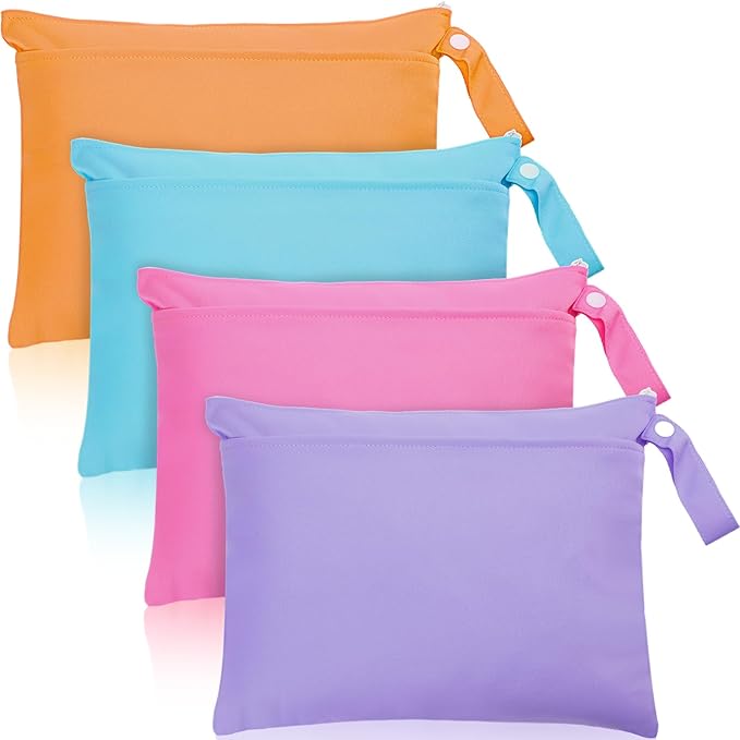 Shappy 4 Pieces Wet Dry Bag for Baby Cloth Diapers Wet Diaper Bag Washable Travel Bags Reusable with 2 Pockets for Pool Yoga Gym Travel Beach Swimwear Clothes (Blue & Purple)