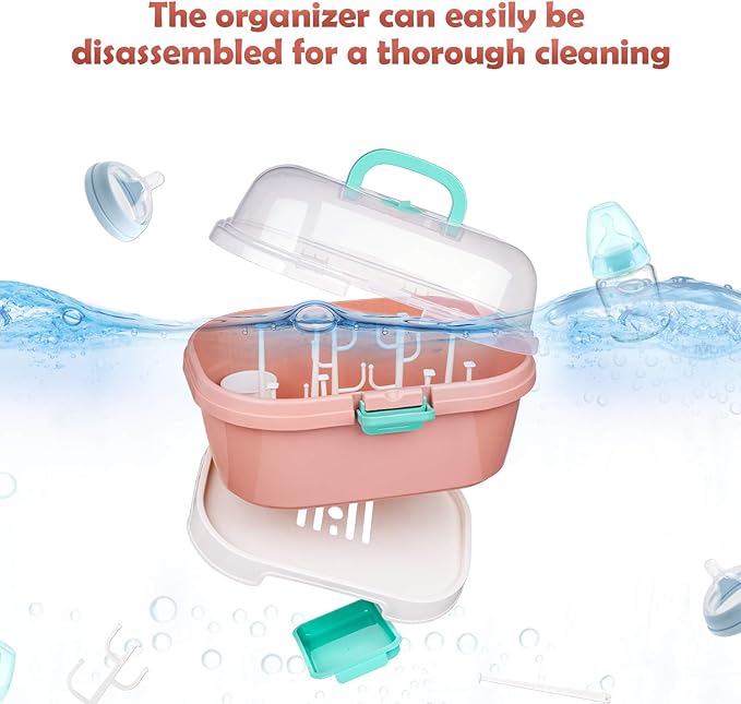 NiHome Portable Baby Bottle Drying Rack with Anti-Dust Lid, Cutlery Organizer and Drain Board - Easy-Carry Handle for Home, Kitchen, Travel and Outdoors (Pink)