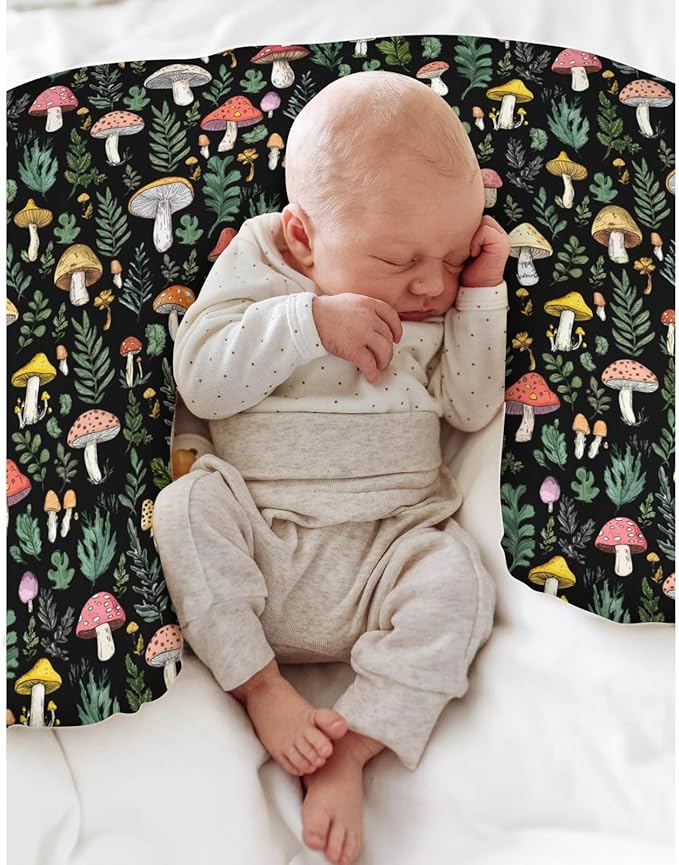 Colorful Mushrooms Green Leaves Baby Nursing Pillow Covers for Boy Girl Fall Mushroom Forest Nursing Pillowcase for Breastfeeding Pillows Autumn Soft Stretchy Slipcovers for Newborn Infant