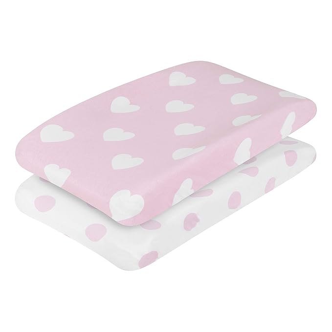 EVERYDAY KIDS 2 Pack Baby Changing Pad Covers for Baby Girl – Fits Most Changing Table Pads; 100% Cotton Jersey Knit, Breathable, Soft Changing Table Topper – Pink and White Hearts and Polka Dots
