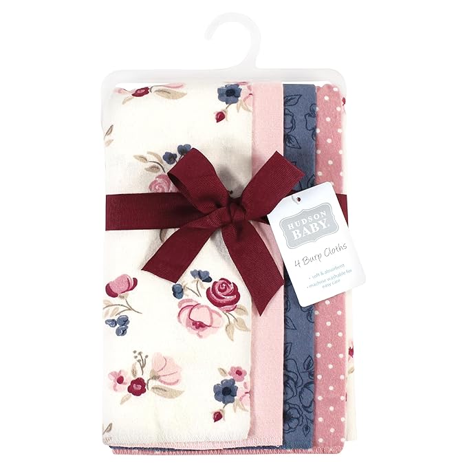 Hudson Baby Unisex Baby Cotton Flannel Burp Cloths, Dusty Rose Floral 4-Pack, One Size