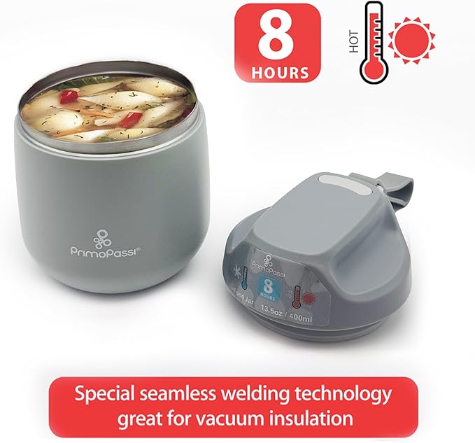 Primo Passi Insulated Food Jar for Kids & Babies – 12 oz / 350 ml Stainless Steel Thermal Food Container with Easy-Open Lid & Silicone Carry Strap – Keeps Food Hot or Cold for Up to 8 Hours (Grey)