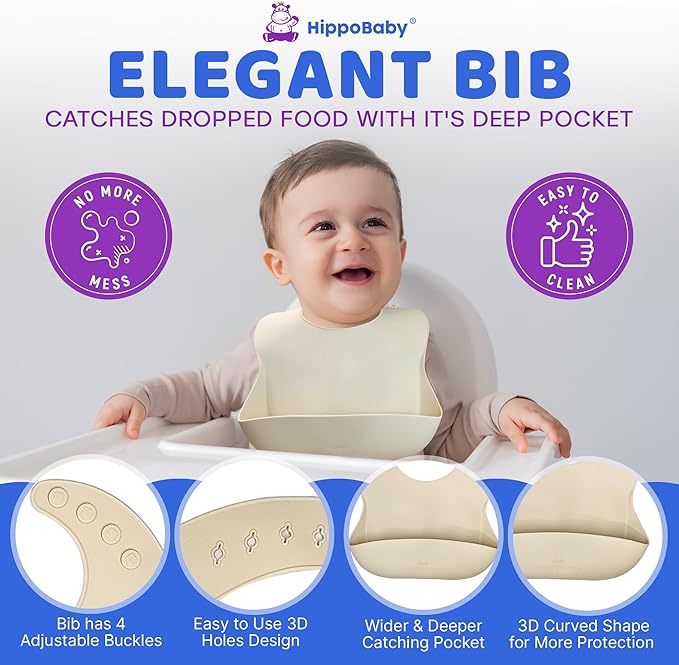 HippoBaby Baby Led Weaning Supplies | 10 Piece Silicone Baby Feeding Set | Baby Toddler Bib Cup Divided Plate and Bowl Self Feeding Spoons Dish Set | Baby Utensils | Toddler Feeding Supplies (Cream)
