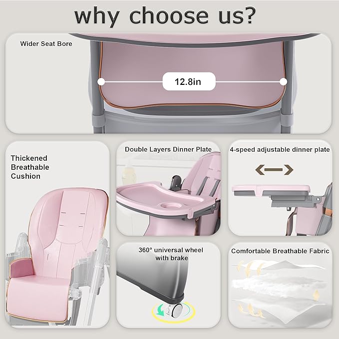 3-in-1 Foldable High Chair for Babies & Toddlers, Adjustable Height, Reclining Seat, Wheels with Safety Locks, Removable Tray, Space-Saving Multifunctional Baby Dining Chair (Pink)