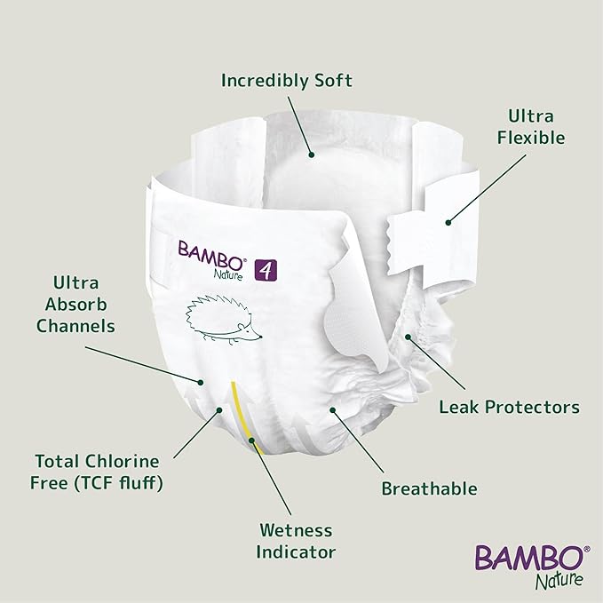 Bambo Nature Hypoallergenic Baby Diapers, Eco-Labeled Diapers, Enhanced Leakage Protection, Totally Chlorine-Free, Skin Friendly, and Super Absorbent - Size 4 (48 Count)