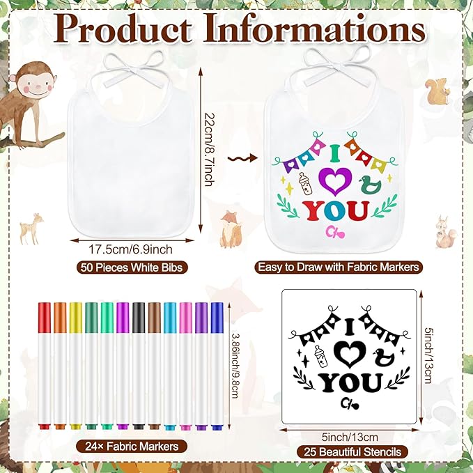 Panitay 100 Pcs DIY Baby Bibs Decorating Kit 50 White Bibs 25 Stencils 24 Markers 1 Baby Shower Game Sign