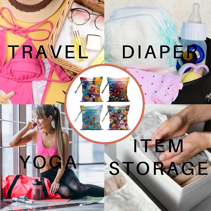 4 Pack Cute Wet Bag Waterproof Reusable Wet Dry Bag for Swimsuit Dirty Clothes Diaper Travel Beach Pool Gym Birthday Christmas Toiletries Beach Essentials，Colorful Wildflowers Bouquet Flower Decor