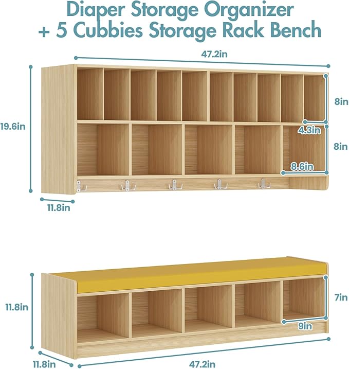 Kikihouse Wall Diaper Organizer for Daycares with Cubby Bench, Wooden Diaper Shelf with 5 Cubbies and 10 Small Storage, Daycare Cubbies for Nursery, Home, School