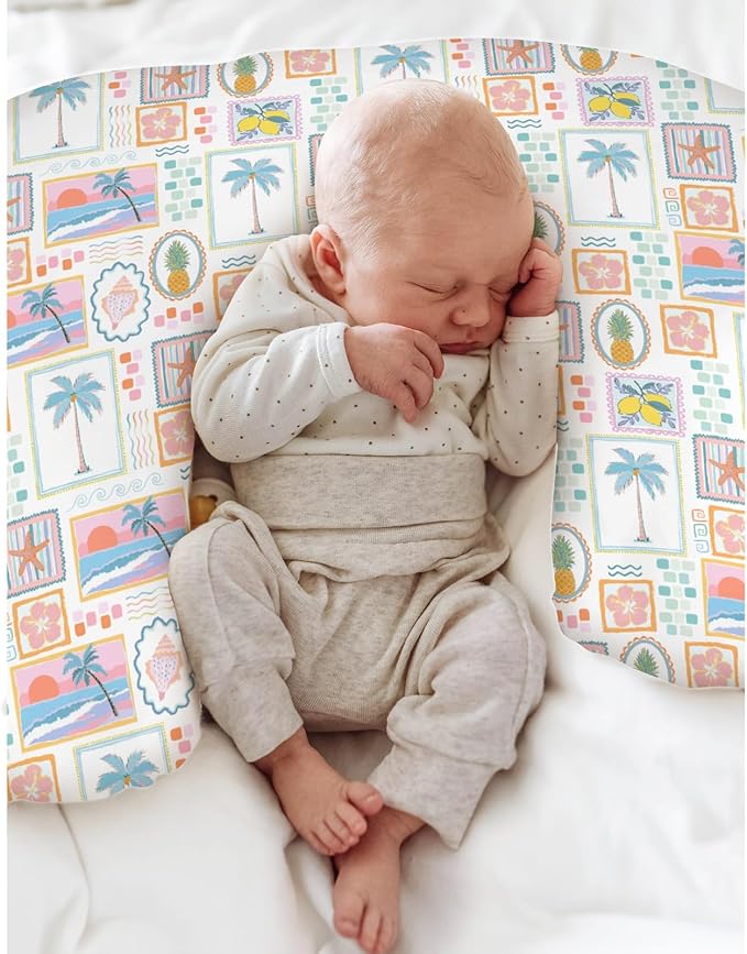 Colorful Beach Patchwork Baby Nursing Pillow Covers for Girl Bright Summer Seashells Girly Nursery Pillowcase for Breastfeeding Pillows Pineapple Lemon Palm Tree Soft Stretchy Slipcovers for Newborn