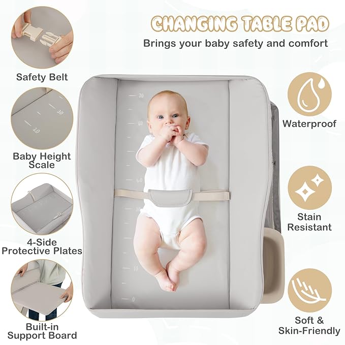 HONEY JOY Changing Table, Folding Mobile Diaper Nursery Organizer w/Wheel, 3 Adjustable Heights, Storage Bag & Open Shelf, Water Basin, Portable Baby Changing Station for Newborn Infant(Gray)