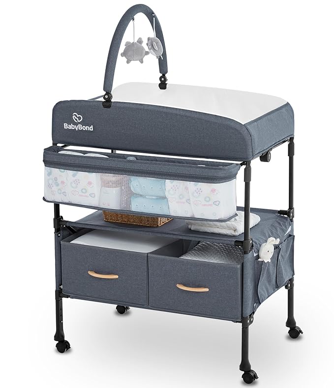 BabyBond Portable Baby Changing Table with 2 Storage Baskets, Foldable Changing Table Dresser Diaper Changing Table Height Adjustable Changing Station for Infant and Newborn(Grey)