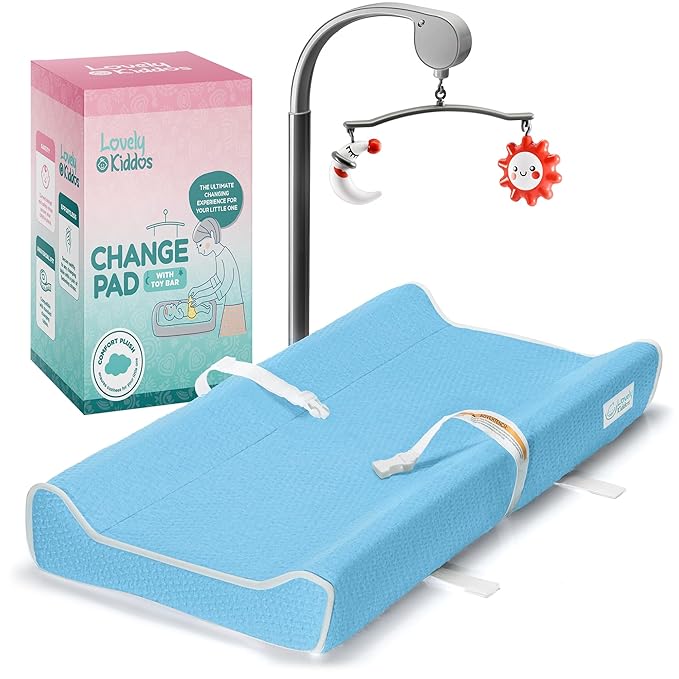 Changing Pad - Foam Contoured Baby Changing Pad for Dresser, Waterproof Diaper Changing Table Pad, Includes Soft, Removable & Washable Non-Slip Cover, Bonus Portable Toy Bar with Music Mode Included