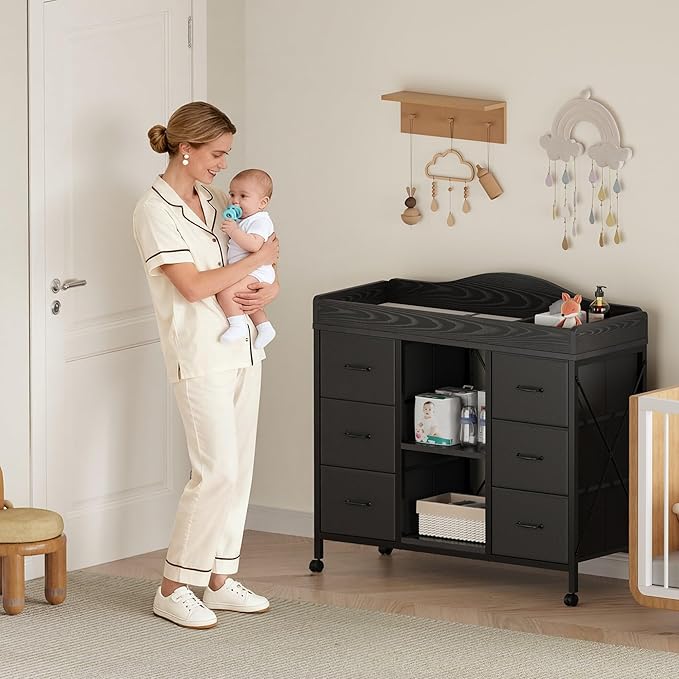 Yetom Changing Table, 6-Drawer Baby Dresser with Changing Table top,Waterproof Diaper Changing Station & Pad, 2 Height-Adjustable Open Storage Shelves, Mobile Nursery Organizer, Black