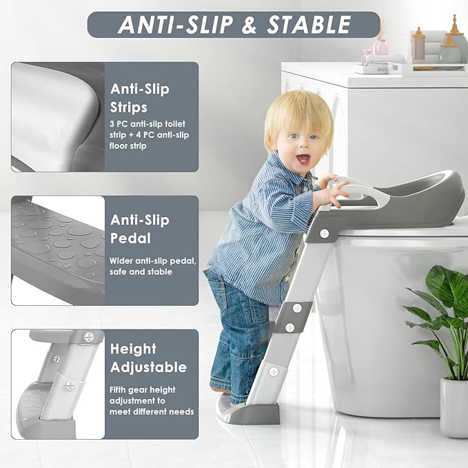 Potty Training Seat with Step Stool Ladder, Toddler Potty Training Toilet for Boys Kids, Potty Chair Adjustable Potty Seat for Toilet with Anti-Slip Wide Steps Splash Guard Safety Handles