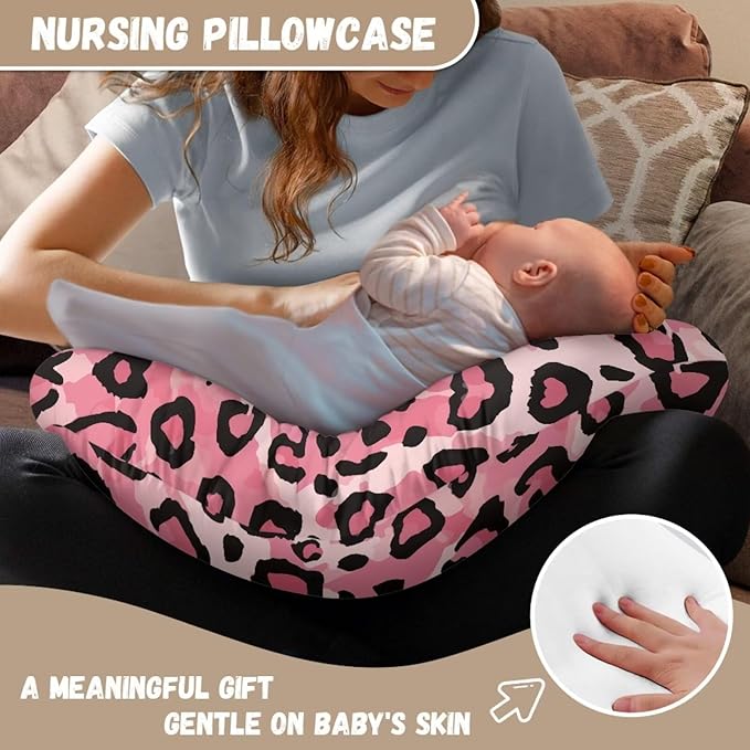 Jeiento Pink Leopard Print Pillow Cover for Nursing Pillow Premium Quick-Dry Fabric Cover for Breastfeeding Pillowcase with Hidden Zipper,Machine Washable
