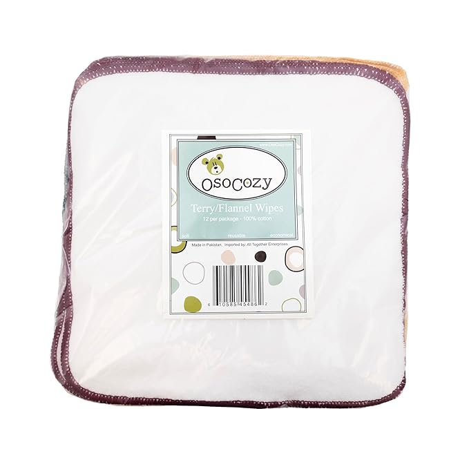 OsoCozy Terry Flannel Baby Wipes. Two Layered. Terry Velour on a Flannel Backing. Bleached White Color, 100% Cotton. 3 Attractive Stitching Colors Per Pack - 12 per Pack.