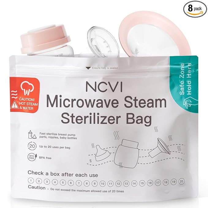 NCVI Microwave Steam Sterilizer Bag for Baby Bottles 8 Count(160 Uses), Large Reusable Travel Sterilization Pouches, Disinfection Container for Baby Teether, Pacifiers and Breast Pump Accessories