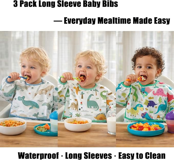 PandaEar 3 Pack Baby Long Sleeve Bibs, Waterproof Toddler Smock for Eating & Arts, Sleeved Bib with Elastic Cuffs & Pocket, Fits 6-36 Months (Whale/Dinosaur)
