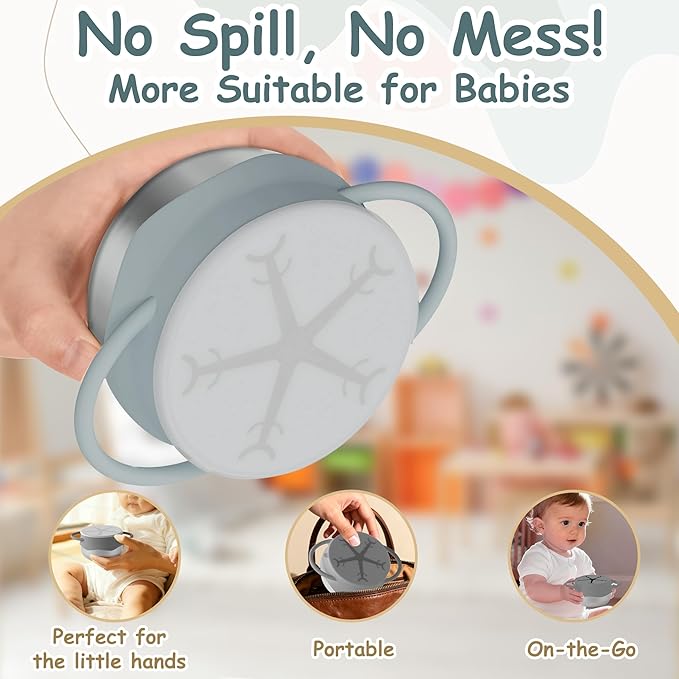 Baby Snack Containers Stainless Steel Snack Cups for Toddler Silicone Spill Proof Lids Handles 2 Pack Kids Travel Food Bowls Box Container Dishwasher Safe (Dark Grey+Light Grey)