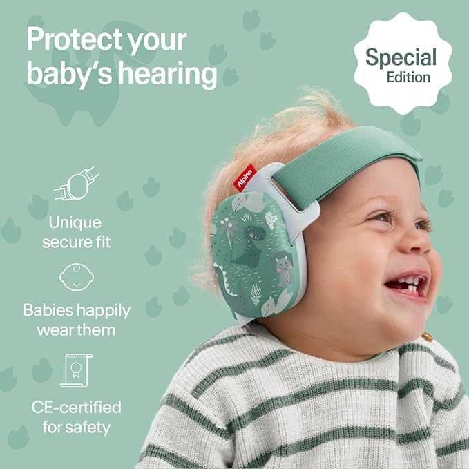 Alpine Muffy Baby Comfort - Protects Hearing for Babies and Toddlers - CE & ANSI Certified - Headband for Safe fit & Comfort - Adjustable for Ages 3-48 Months - 24dB Sound Reduction, Dinos