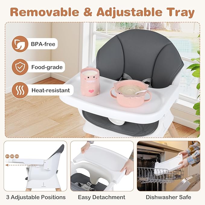 BABY JOY High Chair, Convertible Wooden Highchairs for Babies and Toddlers, Converts to Booster Seat & Stool with Adjustable Legs, Removable Tray, Safety Harness, Waterproof PU Cushion (Gray)