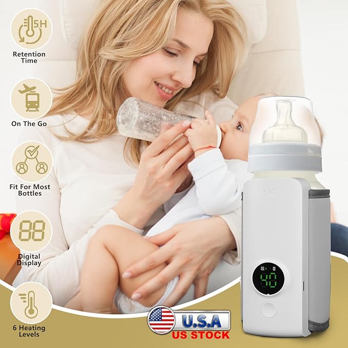 TeqHome Portable Bottle Warmer for Travel, Instant Heating & Constant Warming, Portable Baby Bottle Warmer On The Go for Breastmilk, Large Capacity Battery-Powered & Rechargeable, Temperature Display