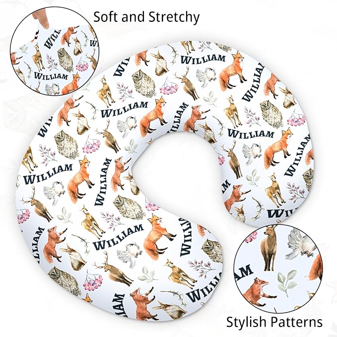Baby Nursing Pillow Cover - Personalized Name Breastfeeding Pillow Cover with Foxes Pattern, Stretchy Removable U-Shaped for New Moms, Soft Breathable Slipcover for Infant Boys Girls