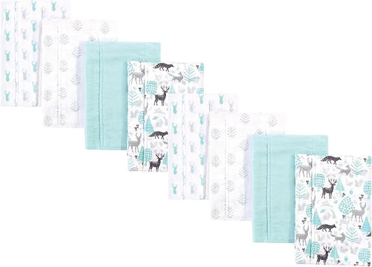 Hudson Baby Cotton Poly Flannel Burp Cloths Multipack, Linocut Woodland Neutral 8-Pack, One Size