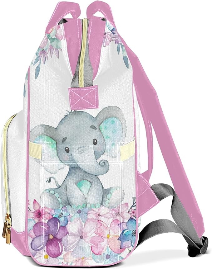 Elephant Flowers Diaper Bag Backpack Multifunction Bags with Changing Pad Unisex Stylish Travel Back Pack Nappy Custom Bag for Moms Dads 10.8"x7.8"x15.7"