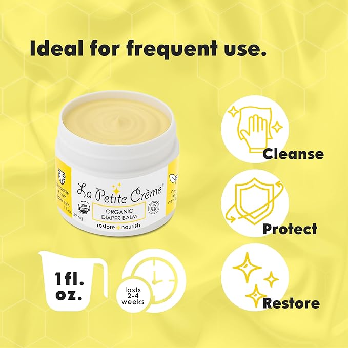 La Petite Creme French Organic Diaper Balm (4 oz) - Healing & Nourishing Diaper Cream - Gentle & Safe Liniment Baby Lotion - USDA Certified Organic - Baby Essentials for Newborn