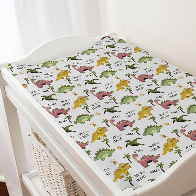Cute Dinosaurs Changing Pad Cover Cartoon Dinosaurs Tree Eggs Diaper Change Table Pad Cover Sheets for Boys Girls Soft Breathable Stretchy Snug Fitted Diaper Changing Mat Sheets 32''x16''