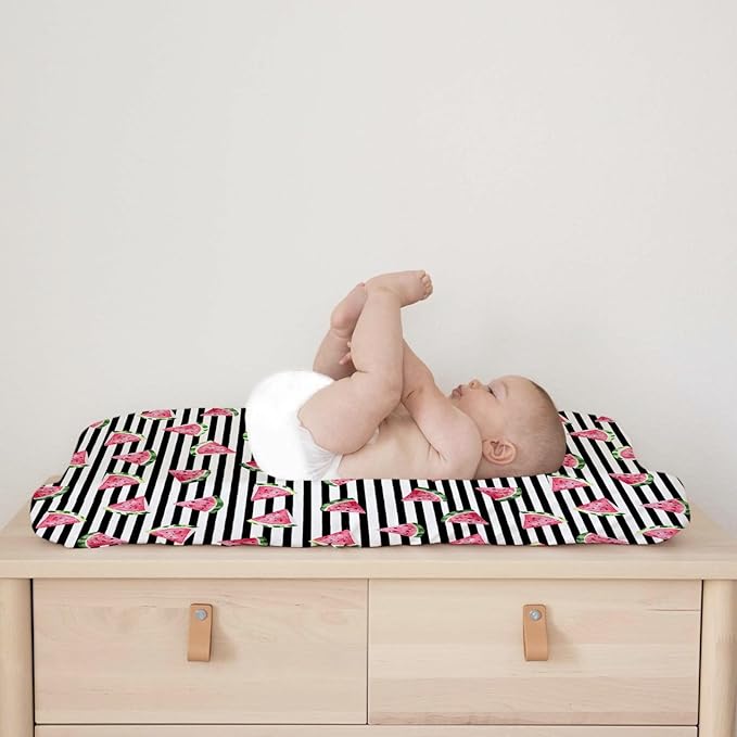 Watercolor Watermelon Stripes Changing Pad Covers Watermelon Fruits Diaper Changing Table Cover Sheets for Boy Girl Boho Summer Fruits Soft Breathable Stretch Fitted Baby Changing Table Mats 32''x16''