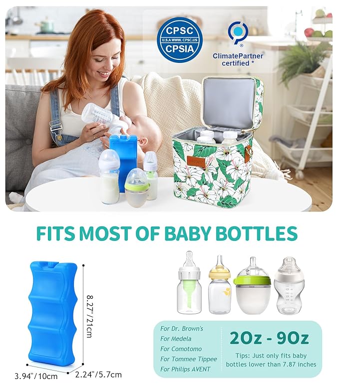 PIIOSER Breastmilk Cooler Bag with Ice Pack, Fits 6 Baby Bottles Up to 9 Oz, Stylish Baby Cooler Travel Bags with Shoulder Strap, Double Layer & Leakproof for Nursing & Working Moms Daycare, Floral