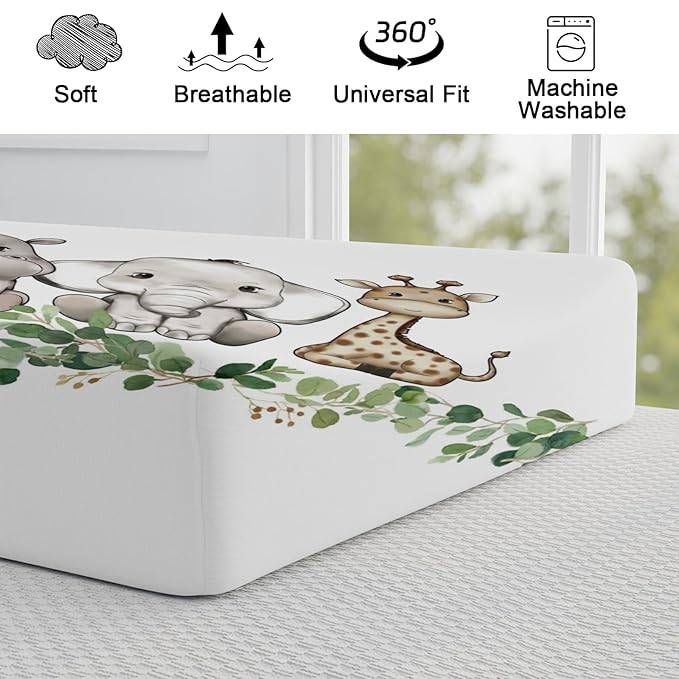 Baby Safari Animals Changing Pad Cover Cute Lion Elephant Giraffe Zebra Hippo Green Eucalyptus Leaves Change Table Pad Cover for Boys Girls Soft Stretch Fitted Diaper Changing Mat Sheets 32''x16''