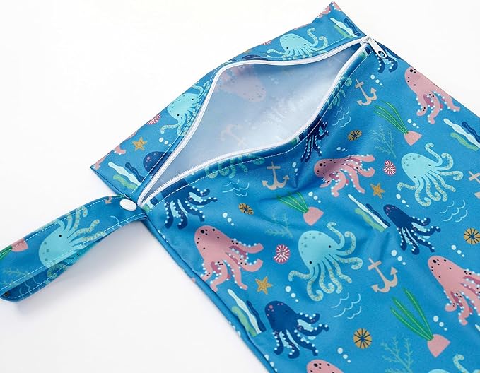 2 Pcs Wet Bags Waterproof Reusable Zippered Pocket Cloth Diaper Bag for Travel Beach Pool Swim, Baby Diapers,Gym Yoga Wet Clothes,Swimsuit,water wipes (Octopus)