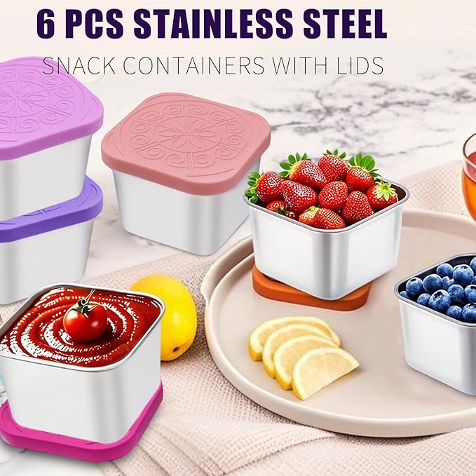 304 Premium Stainless Steel Snack Containers with Silicone Lids, Snackle Box Containers, Easy-Open Leak-Proof Kids for Taking Out for a Picnic, Lunch Box and Travel. (All-6, 6 OZ)
