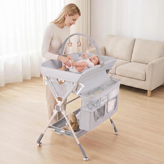 INFANS Portable Baby Changing Table with Wheels, Foldable Diaper Changing Station with Adjustable Heights, Large Organizer Storage for Newborn Infant (Light Gray)