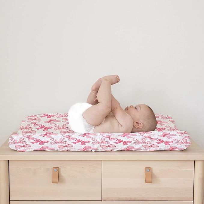 Pink Valentine's Bows Baby Changing Pad Covers for Girls 32''x16'' Girly Pink Hair Bows Fitted Diaper Change Table Pad Mats Valentine Hearts Love Soft Breathable Nursery Cradle & Bassinet Sheets Pink