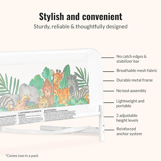Dream On Me Lightweight Mesh Security Adjustable Bed Rail Double Pack with Breathable Mesh Fabric in Jungle Print, 2 Count (Pack of 1)